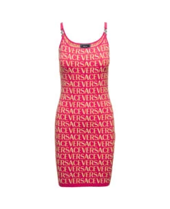 Versace Mini Fuchsia Dress With All-over Logo Lettering Print And Medusa Detail In Cotton Blend Woman