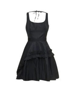 Black Mini Dress With Oversize Ruche In Polyfaille Woman Alexander Mcqueen