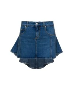 Alexander McQueen Blue Mini-skirt With Pleated Detail At The Back In Stretch Cotton Denim Woman