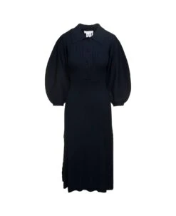 ChloƩ Black Ribbed Midi Dress With Three-quarter Baloon Sleeves Woman