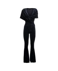 'naomi' Blue Hooded Flared Jumpsuit In Crushed Velvet Woman