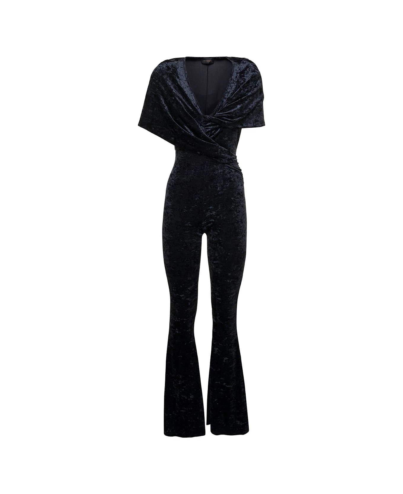 'naomi' Blue Hooded Flared Jumpsuit In Crushed Velvet Woman 1 'naomi' Blue Hooded Flared Jumpsuit In Crushed Velvet Woman