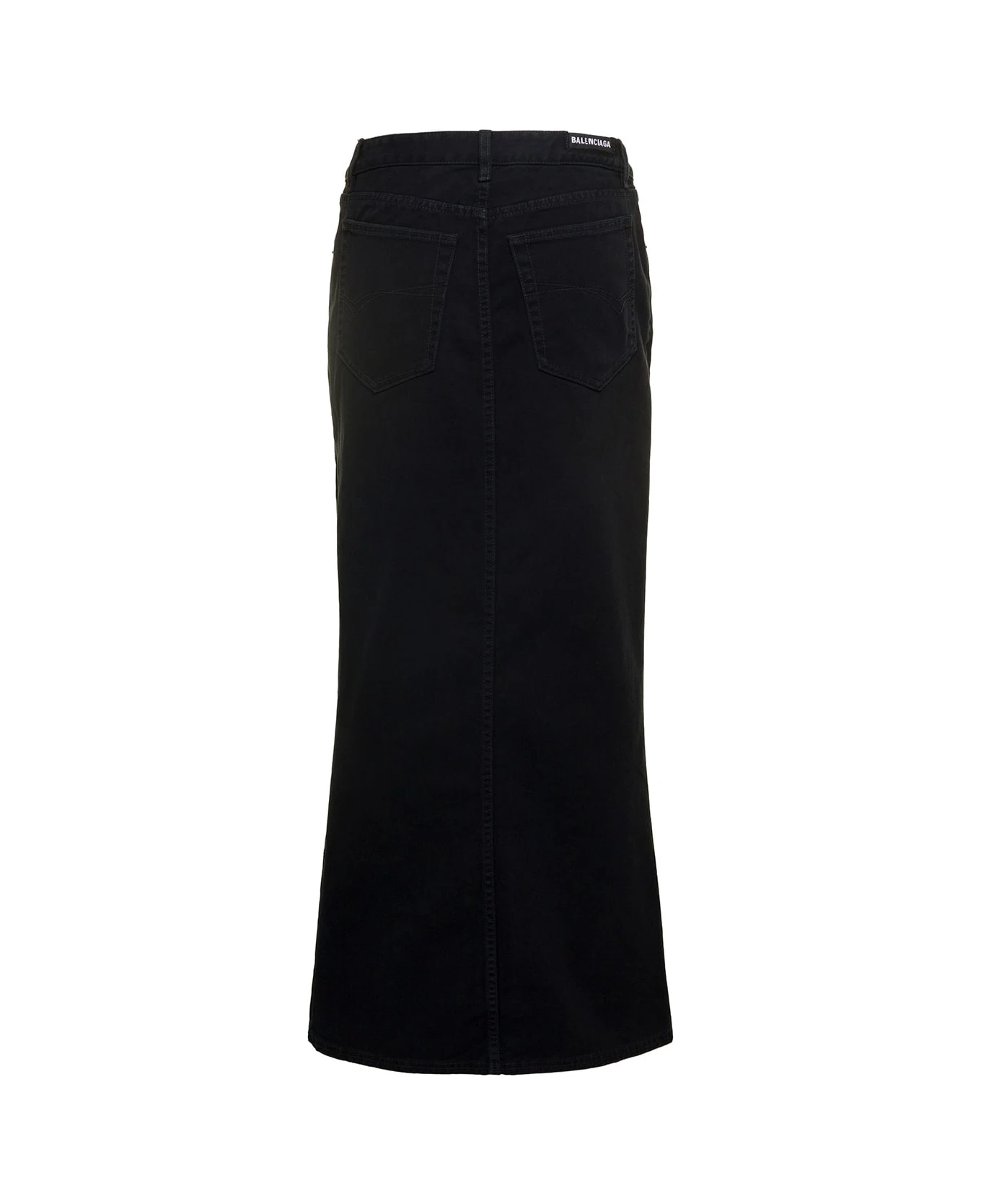 Balenciaga Maxi Black Skirt With Logo Patch At The Back In Cotton Denim Woman 2 Balenciaga Maxi Black Skirt With Logo Patch At The Back In Cotton Denim Woman - Image 2