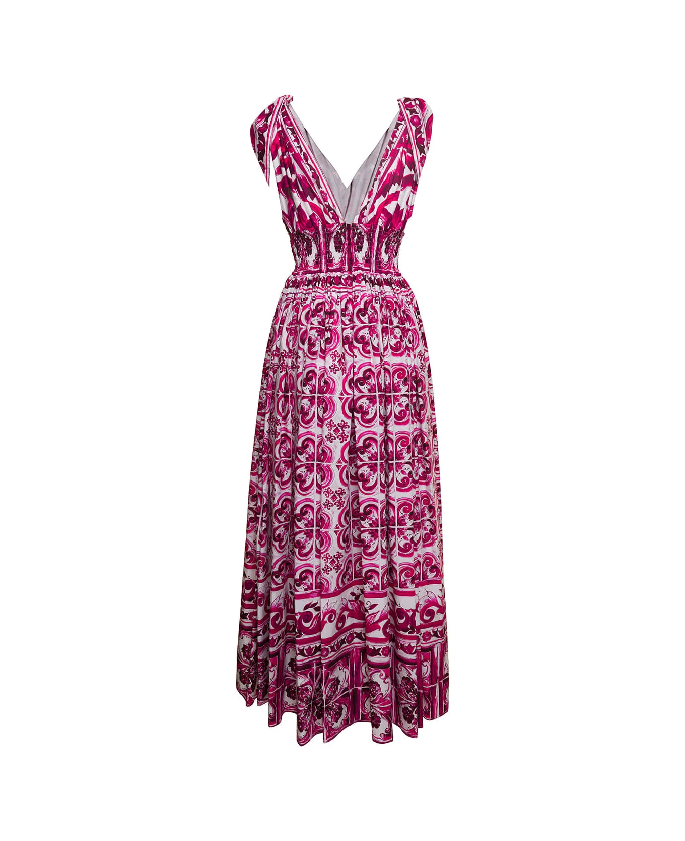 Dolce & Gabbana Fuchsia And White Long Sleeveless Dress With Majolica-print In Cotton Woman 2 Dolce & Gabbana Fuchsia And White Long Sleeveless Dress With Majolica-print In Cotton Woman - Image 2