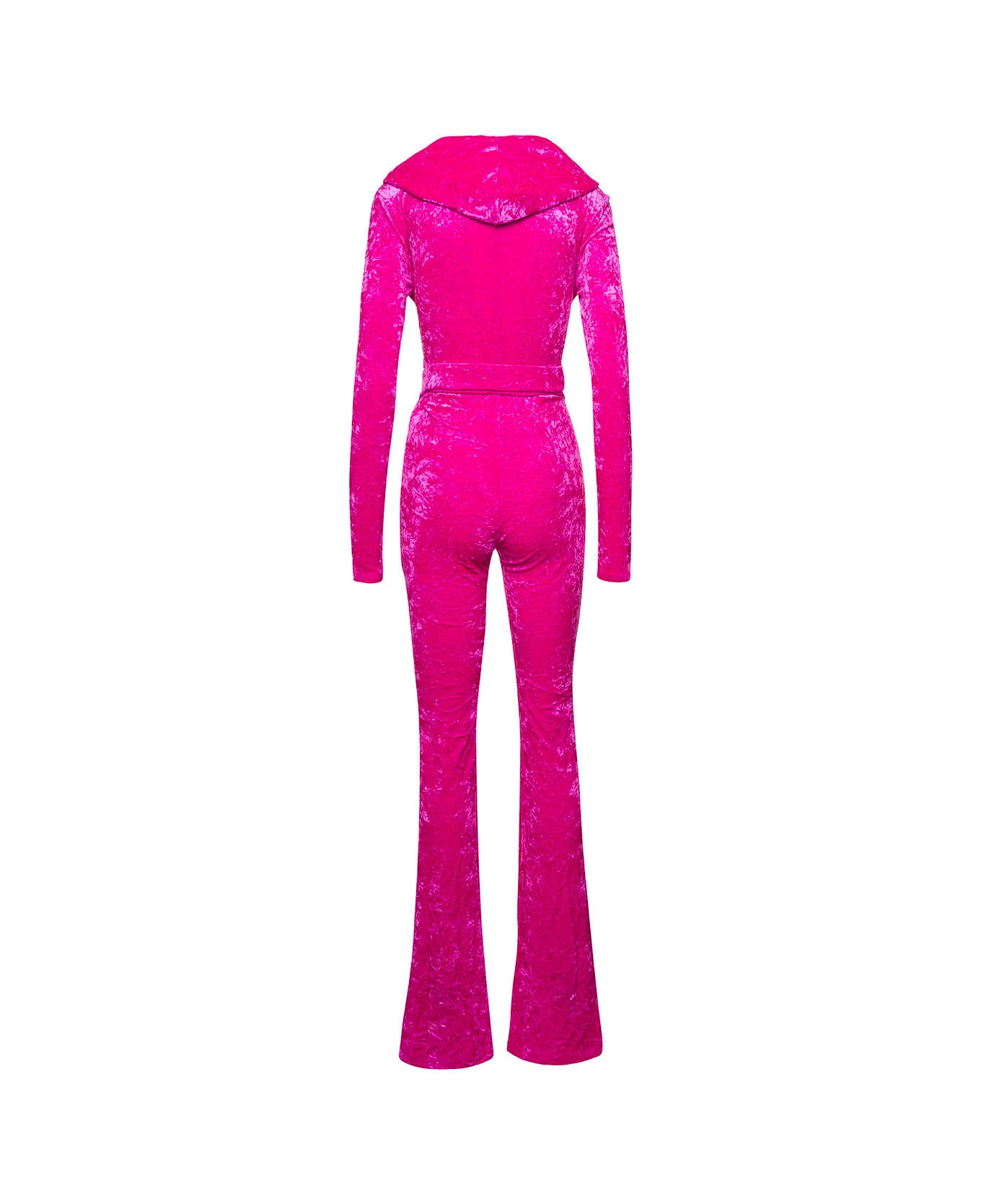 Versace Fuchsia Hooded Jumpsuit With Crisscross Medusa Biggie Belt In Crushed Velvet Woman 2 Versace Fuchsia Hooded Jumpsuit With Crisscross Medusa Biggie Belt In Crushed Velvet Woman - Image 2