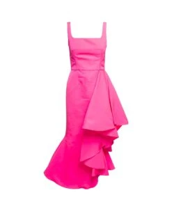 Alexander McQueen Maxi Fuchsia Dress With Square Neckline And Maxi Ruffle In Polyfaille Woman