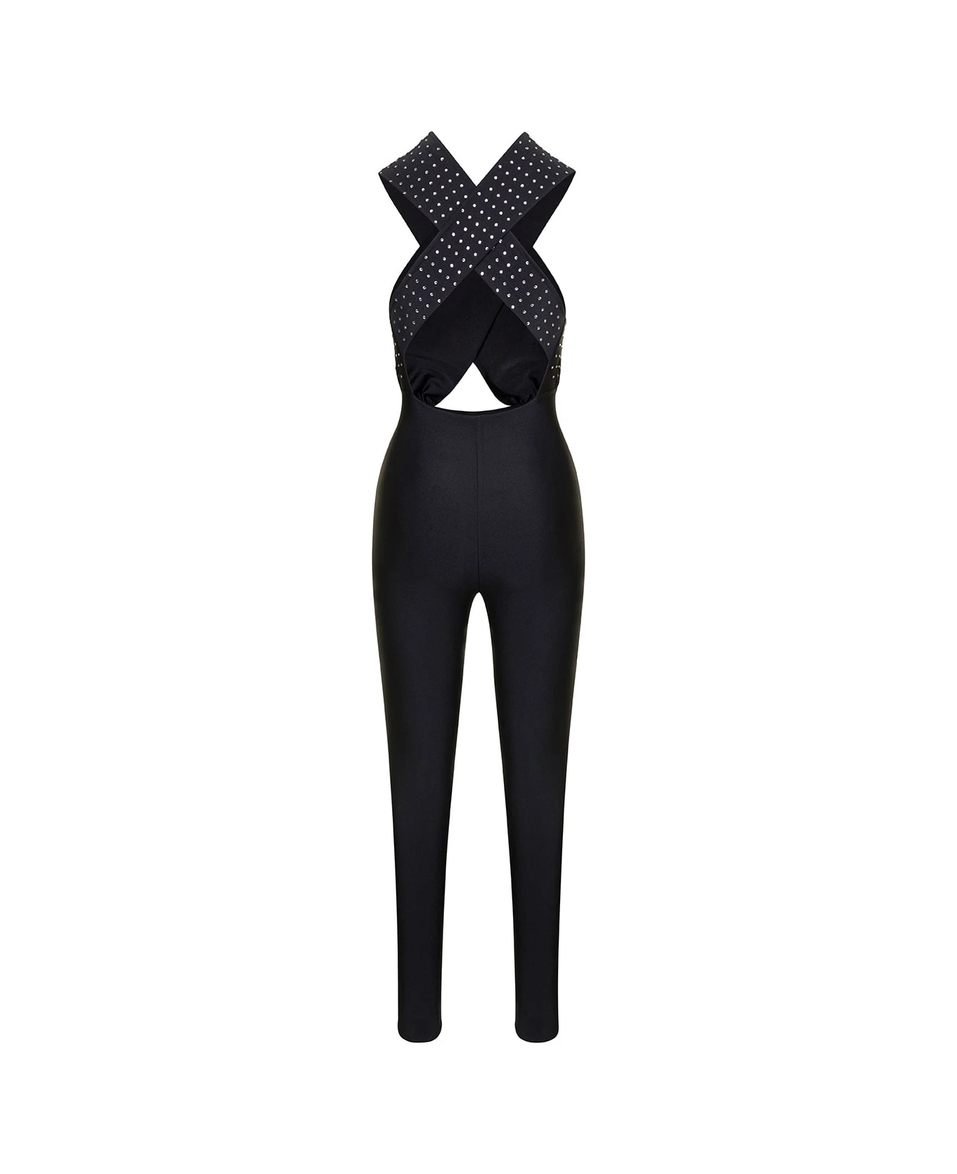 Black Halterneck Jumpsuit With Crystals In Polyamide Woman 2 Black Halterneck Jumpsuit With Crystals In Polyamide Woman - Image 2