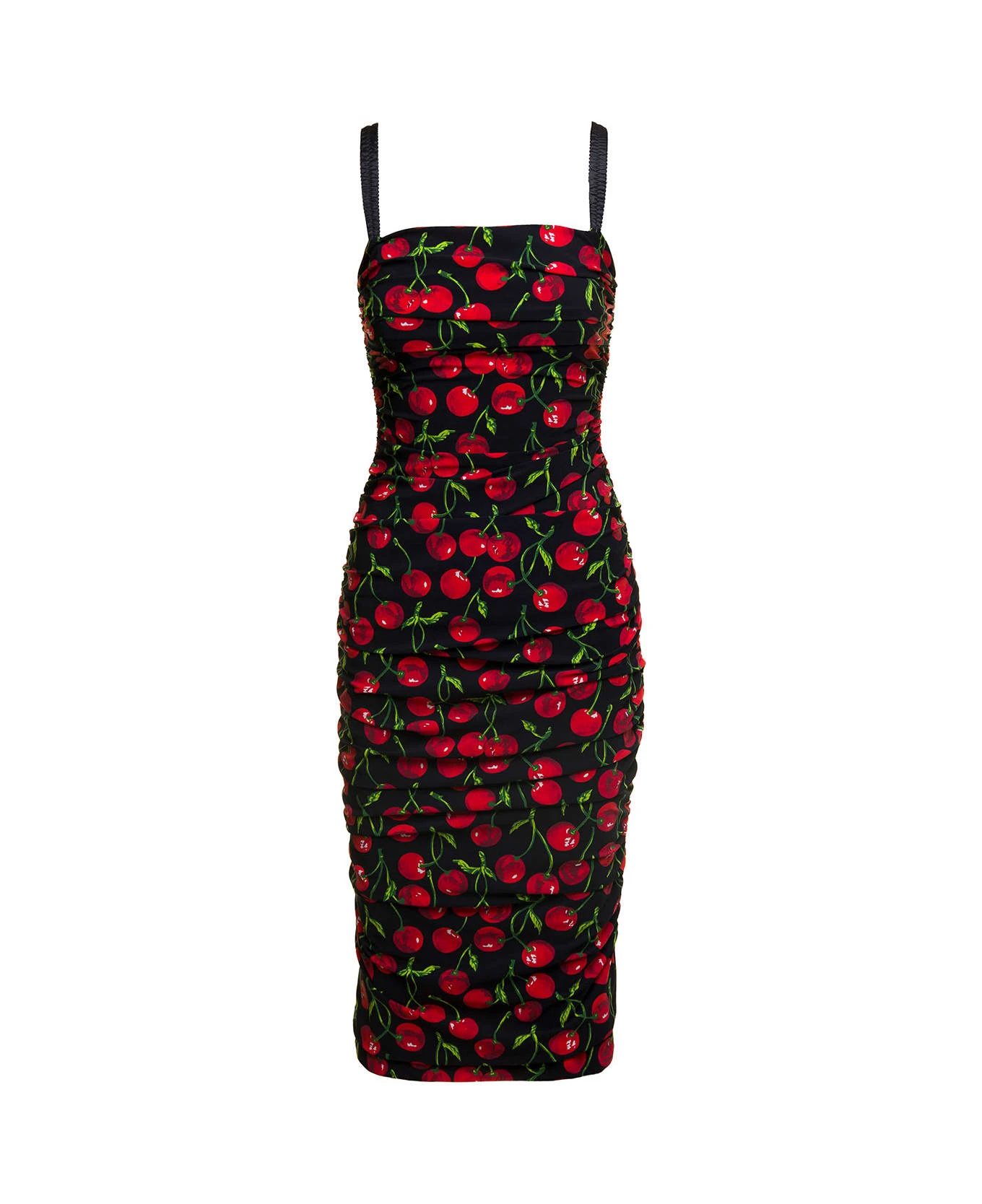 Dolce & Gabbana Black Midi Dress With All-over 'cherise' Print In Stretch Fabric Woman 1 Dolce & Gabbana Black Midi Dress With All-over 'cherise' Print In Stretch Fabric Woman