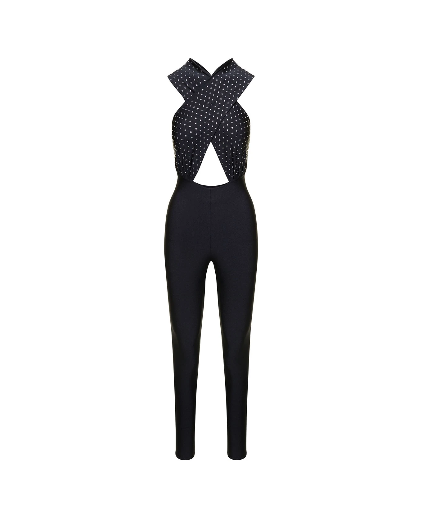 Black Halterneck Jumpsuit With Crystals In Polyamide Woman 1 Black Halterneck Jumpsuit With Crystals In Polyamide Woman