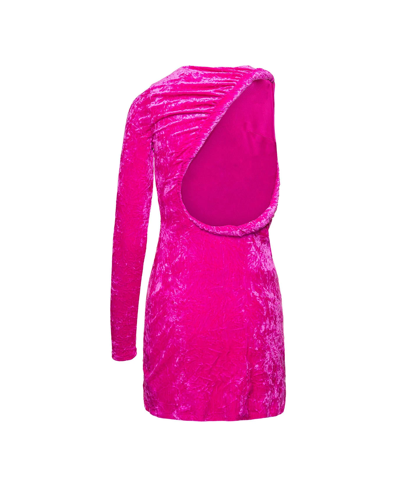 Versace Fuchsia One-shoulder Mini Dress With Greca Detail And Cut-out At The Back In Crushed Velvet Woman 2 Versace Fuchsia One-shoulder Mini Dress With Greca Detail And Cut-out At The Back In Crushed Velvet Woman - Image 2