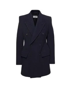 Balenciaga 'hourglass' Blue Double-breasted Jacket With Peaked Revers In Brushed Wool Woman