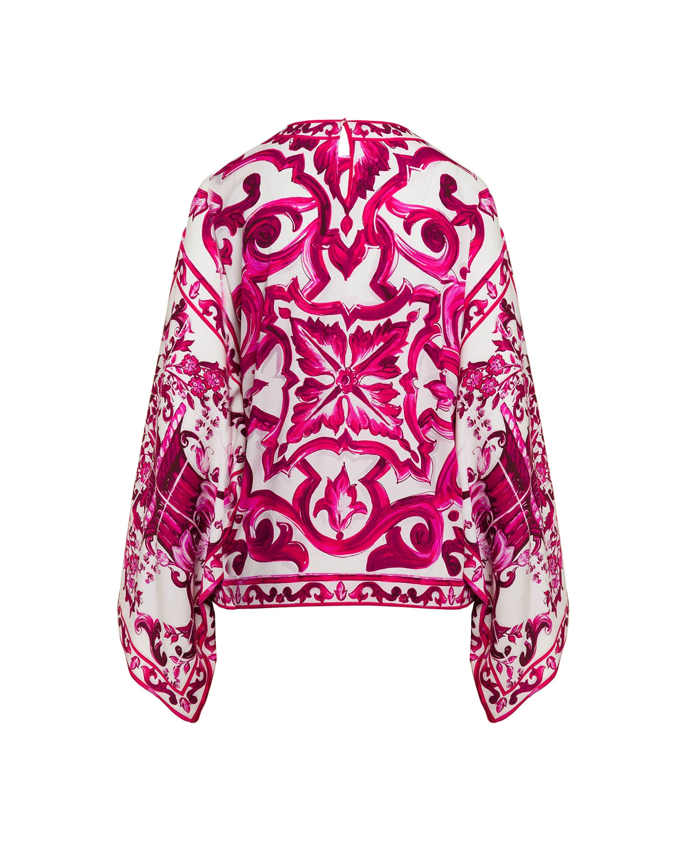 Dolce & Gabbana Fuchsia And White Blouse With Wide Sleeves And Majolica Print In Stretch Silk Woman 2 Dolce & Gabbana Fuchsia And White Blouse With Wide Sleeves And Majolica Print In Stretch Silk Woman - Image 2