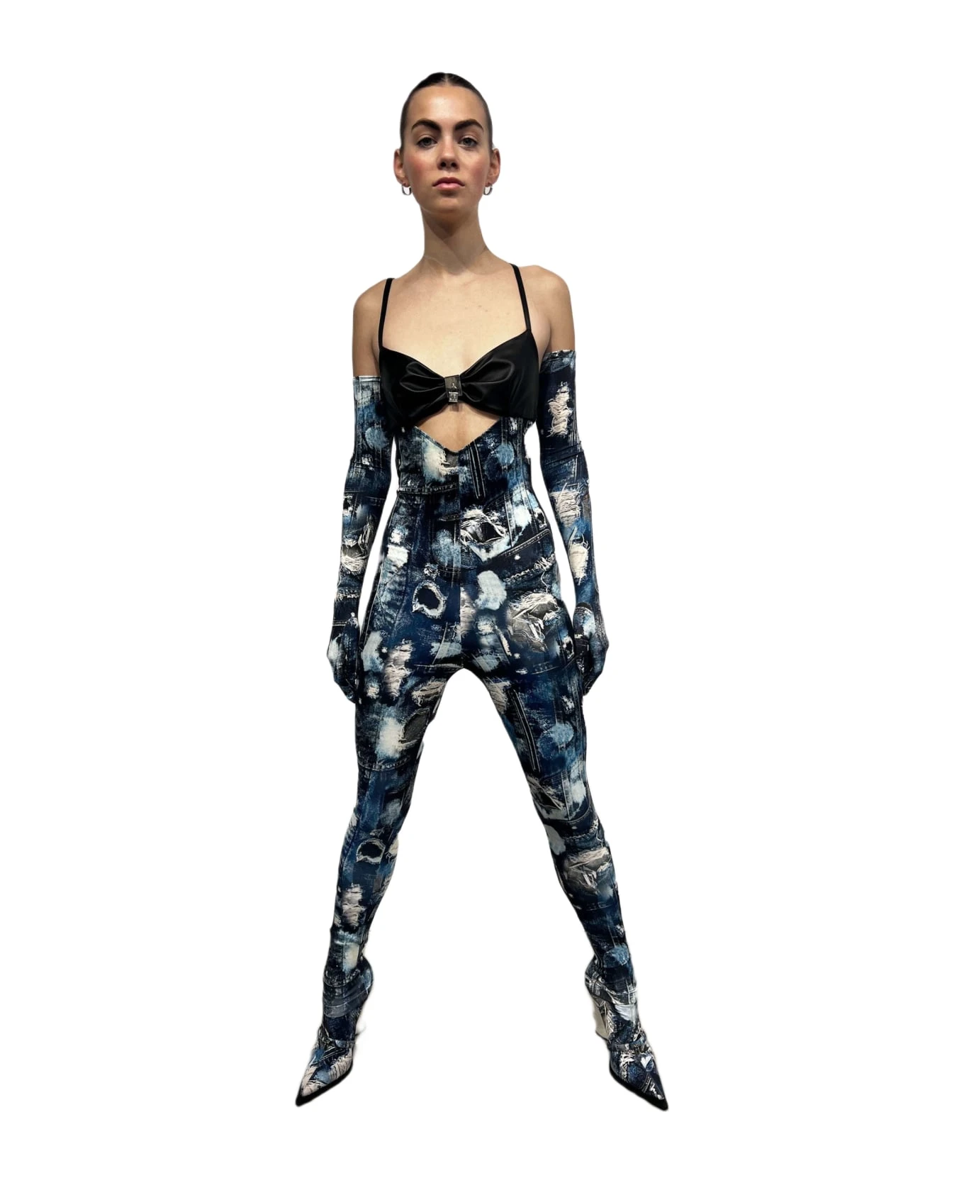 John Richmond Dress-suit With Iconic Runway Denim-effect Pattern. Contrasting Top And Thin Straps. 1 John Richmond Dress-suit With Iconic Runway Denim-effect Pattern. Contrasting Top And Thin Straps.