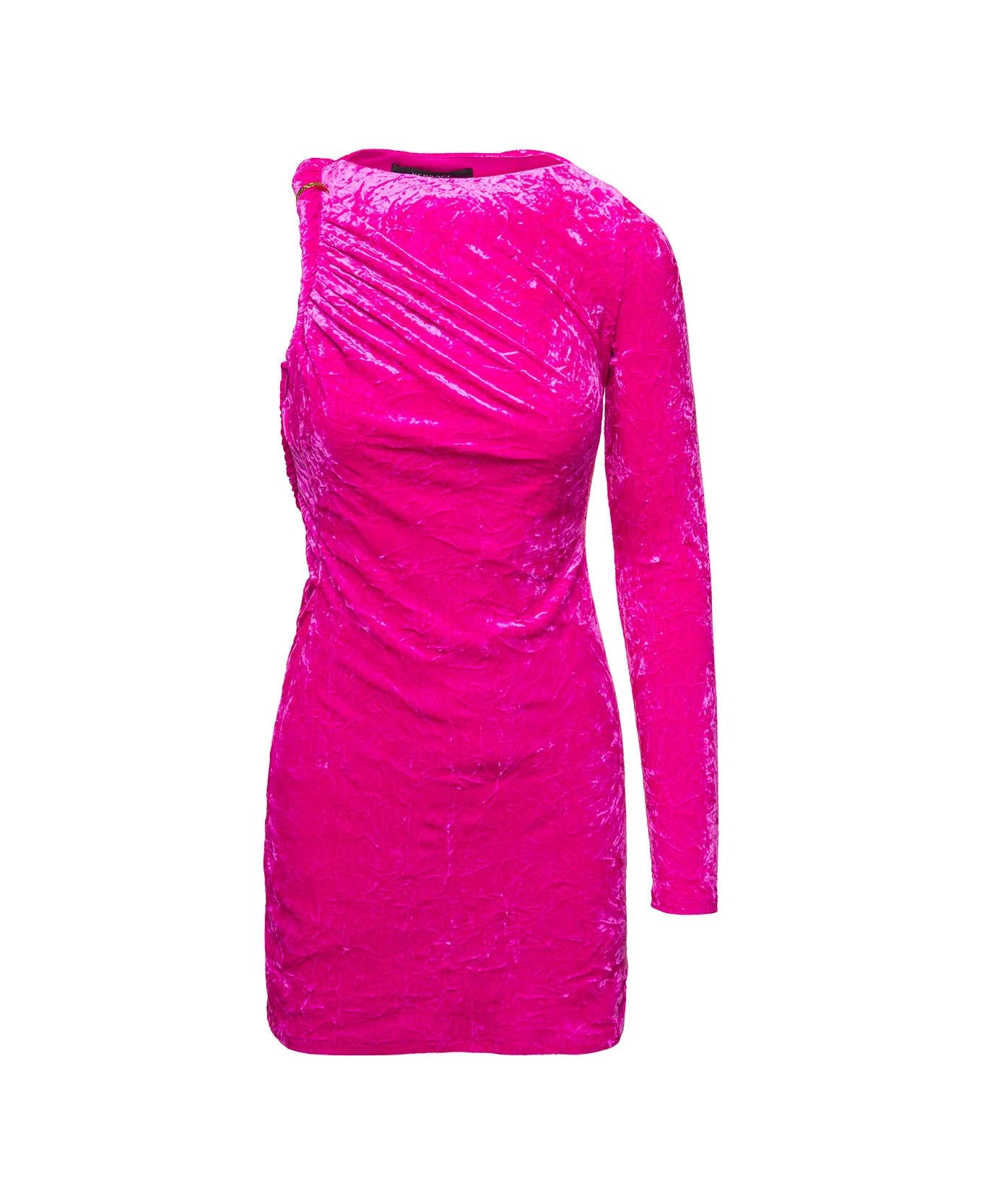 Versace Fuchsia One-shoulder Mini Dress With Greca Detail And Cut-out At The Back In Crushed Velvet Woman 1 Versace Fuchsia One-shoulder Mini Dress With Greca Detail And Cut-out At The Back In Crushed Velvet Woman