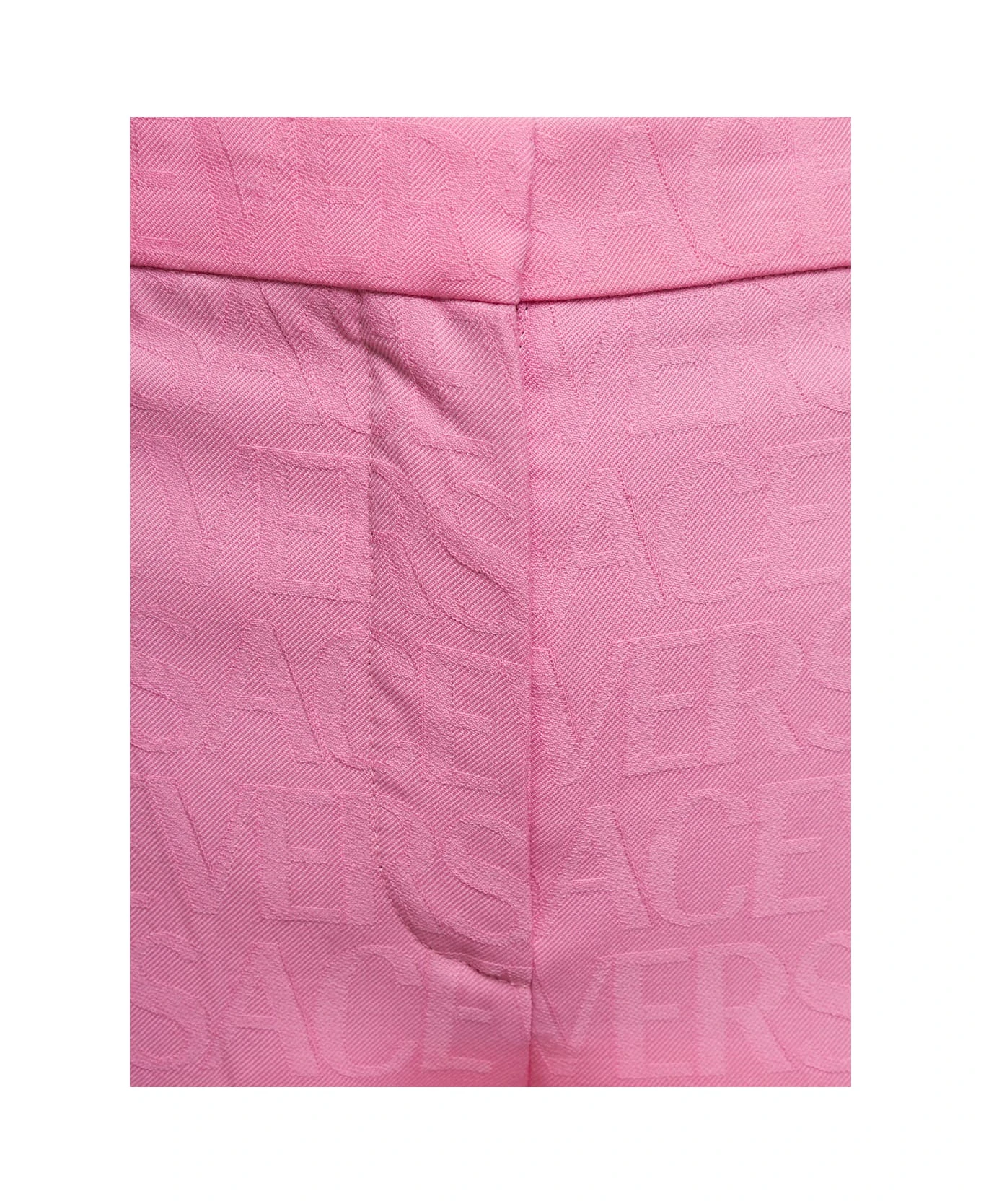 Versace Pink Flare Pants With Tonal Logo Lettering In Wool Woman 2 Versace Pink Flare Pants With Tonal Logo Lettering In Wool Woman - Image 2