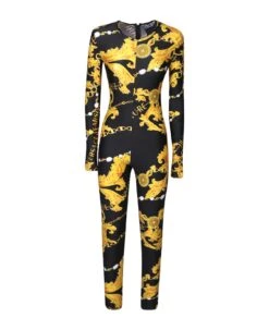Chain Print Black/gold One-piece Jumpsuit By Versace Jeans Couture