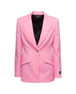 Versace Pink Single-breasted Jacket With All-over Tonal Logo Lettering Print In Wool Woman