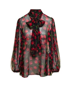 Dolce & Gabbana Black Blouse With Transparent All-over 'cherise' Print In Silk Woman