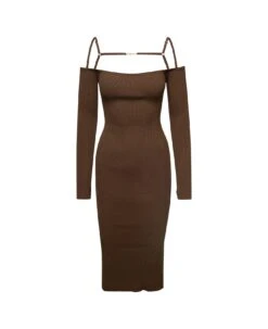 Jacquemus 'le Robe Sierra' Long Brown Ribbed Off-the-shoulder Dress In Viscose Blend Woman