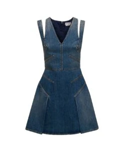 Alexander McQueen Blue Mini Dress With Cut-out Detail And Pleated Skirt In Cotton Denim Woman