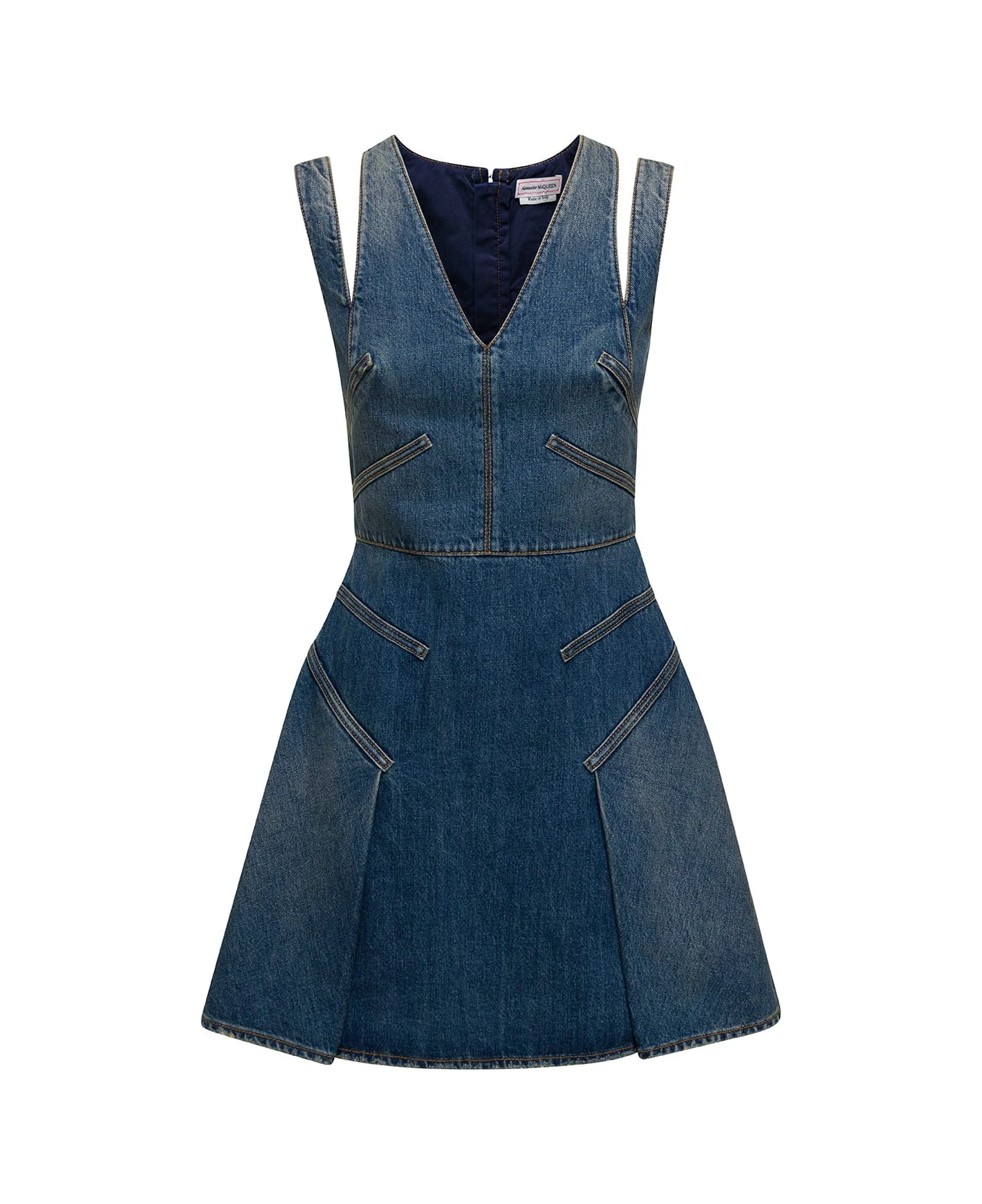 Alexander McQueen Blue Mini Dress With Cut-out Detail And Pleated Skirt In Cotton Denim Woman 1 Alexander McQueen Blue Mini Dress With Cut-out Detail And Pleated Skirt In Cotton Denim Woman