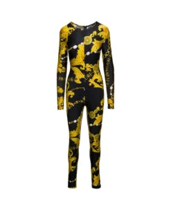 Versace Jeans Couture Black And Gold Log Jumpsuit With 'chain' Baroque Motif In Stretch Nylon Woman