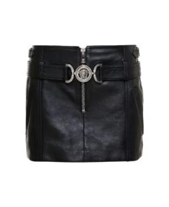 Versace Black Miniskirt With Belt And Medusa Buckle In Calf Woman