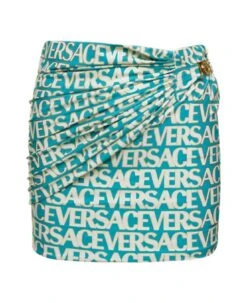 Versace Pareo Skirt Lycra Vita Recycled Logomania Print Gold Outline Lamina