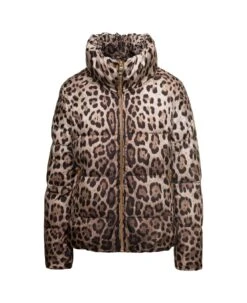 Dolce & Gabbana Brown Down Jacket With High-neck With All-over Leo Print In Nylon Woman