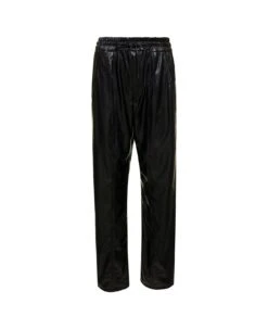 'brina' Black Pants With Drawstring Closure In Shiny Faux Leather Woman