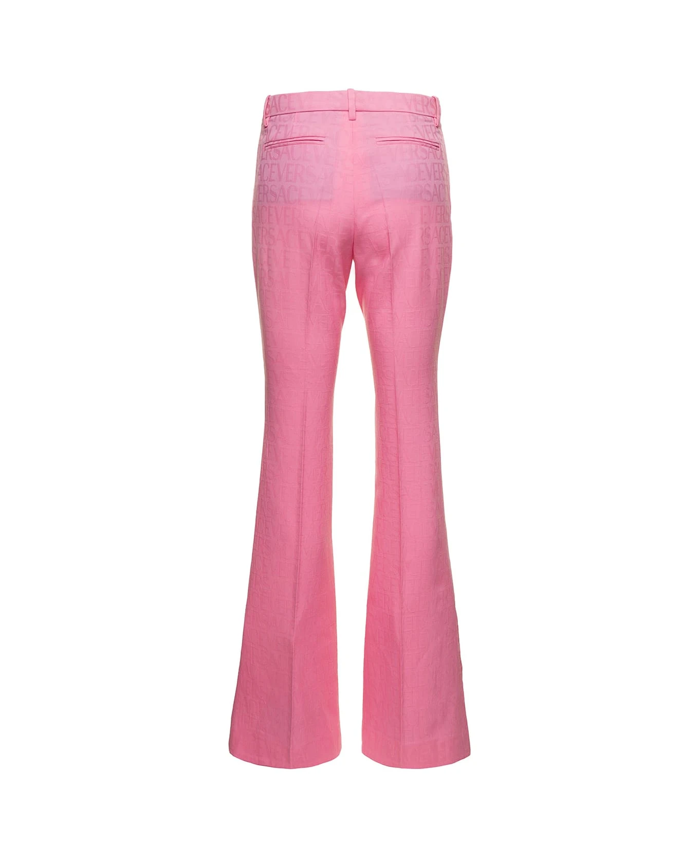 Versace Pink Flare Pants With Tonal Logo Lettering In Wool Woman 1 Versace Pink Flare Pants With Tonal Logo Lettering In Wool Woman
