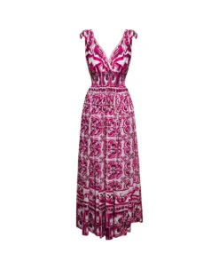 Dolce & Gabbana Fuchsia And White Long Sleeveless Dress With Majolica-print In Cotton Woman