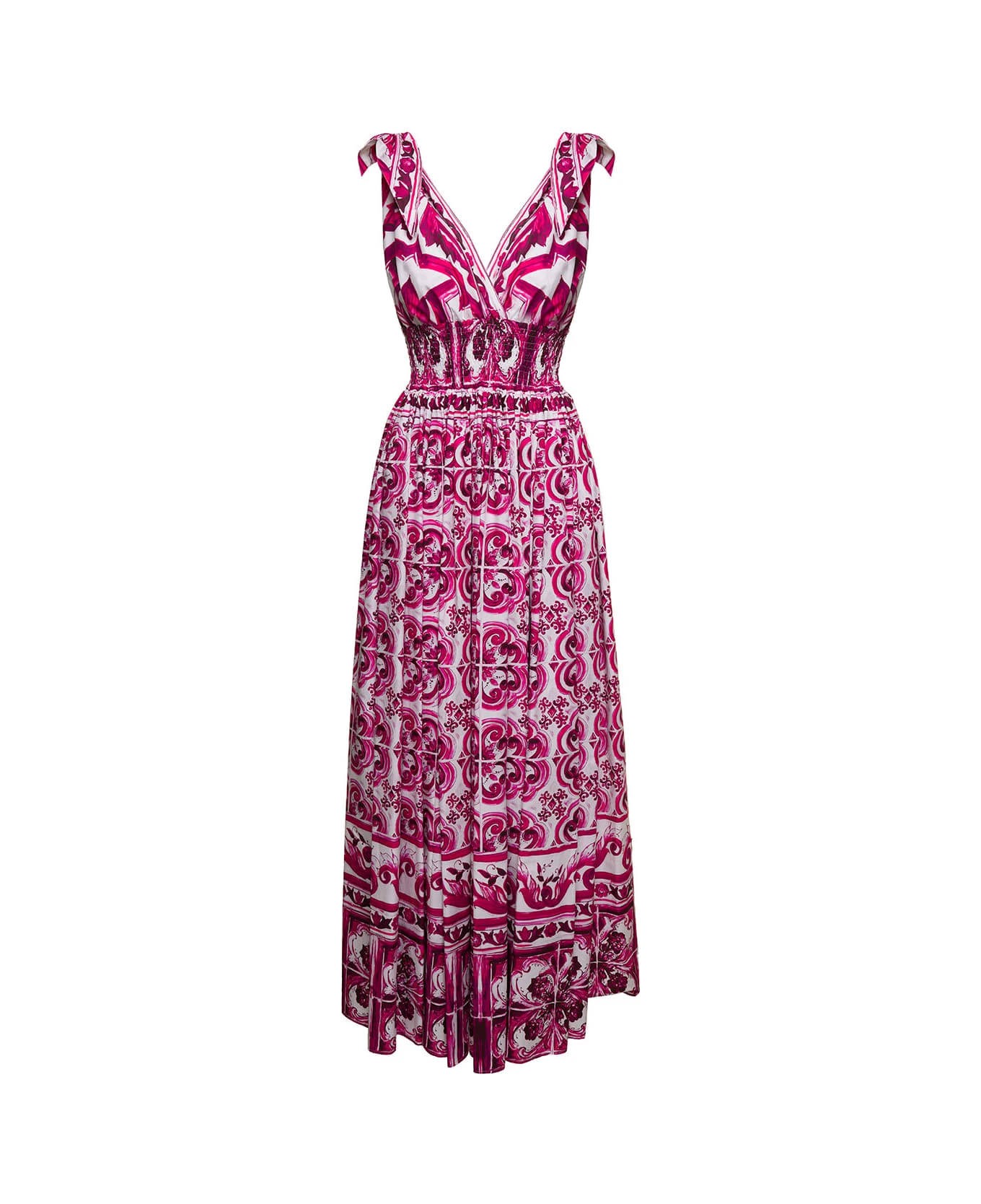 Dolce & Gabbana Fuchsia And White Long Sleeveless Dress With Majolica-print In Cotton Woman 1 Dolce & Gabbana Fuchsia And White Long Sleeveless Dress With Majolica-print In Cotton Woman