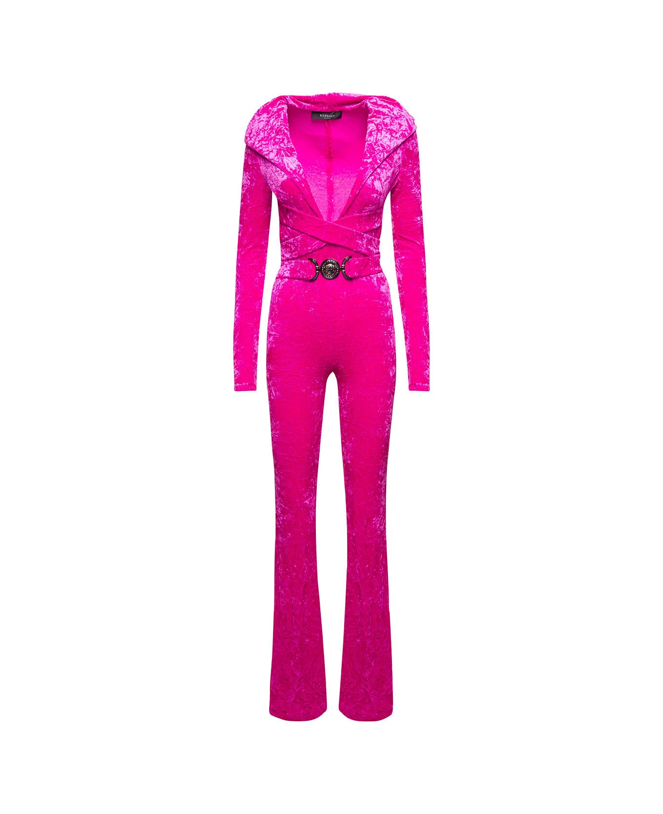 Versace Fuchsia Hooded Jumpsuit With Crisscross Medusa Biggie Belt In Crushed Velvet Woman 1 Versace Fuchsia Hooded Jumpsuit With Crisscross Medusa Biggie Belt In Crushed Velvet Woman