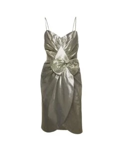 Maison Margiela Midi Ivory Dress With Bow Detail In Metallic Lurex Woman