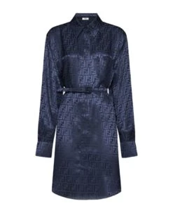 FENDI Blue Shirt Dress With All Over Logo