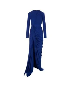 Alexander McQueen Long Draped Dress In Ultramarine Blue Silk