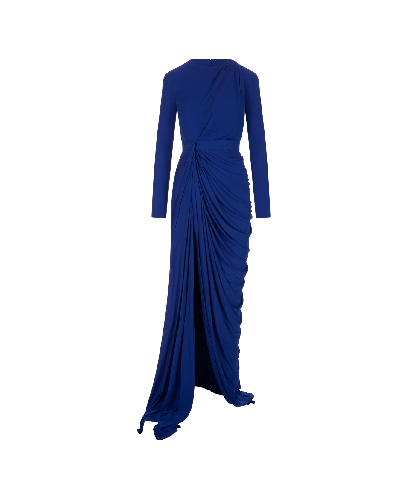 Alexander McQueen Long Draped Dress In Ultramarine Blue Silk 1 Alexander McQueen Long Draped Dress In Ultramarine Blue Silk