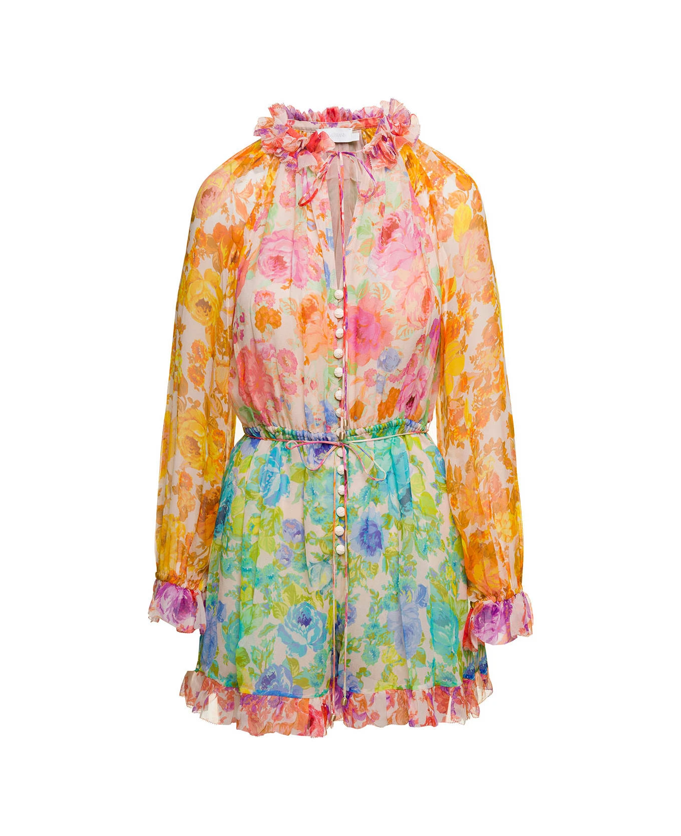 Zimmermann 'raie' Multicolor Long Sleeved Playsuit With All-over Floreal Print In Silk Woman 1 Zimmermann 'raie' Multicolor Long Sleeved Playsuit With All-over Floreal Print In Silk Woman