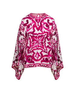 Dolce & Gabbana Fuchsia And White Blouse With Wide Sleeves And Majolica Print In Stretch Silk Woman