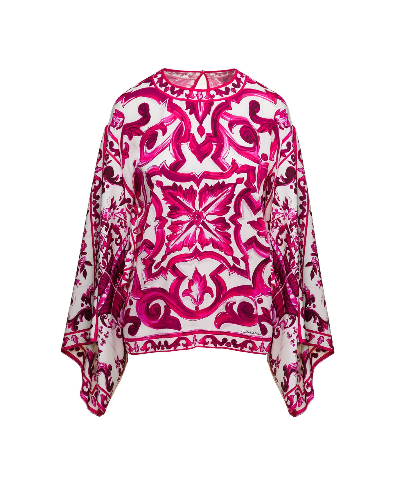 Dolce & Gabbana Fuchsia And White Blouse With Wide Sleeves And Majolica Print In Stretch Silk Woman 1 Dolce & Gabbana Fuchsia And White Blouse With Wide Sleeves And Majolica Print In Stretch Silk Woman