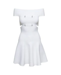 Alexander McQueen White Off-the-shoulders Mini Dress With D Rings In Viscose Blend Knit Woman