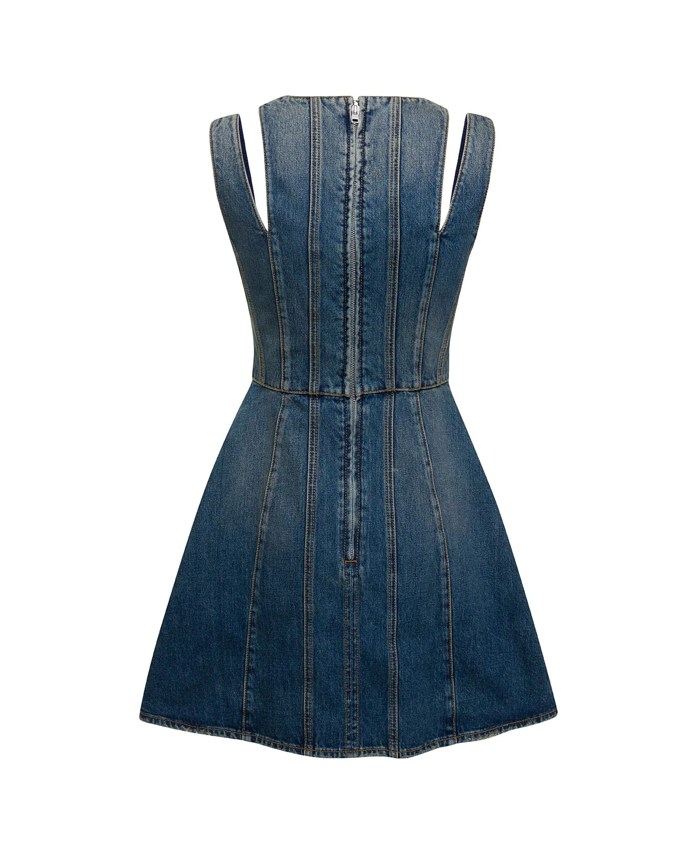Alexander McQueen Blue Mini Dress With Cut-out Detail And Pleated Skirt In Cotton Denim Woman 2 Alexander McQueen Blue Mini Dress With Cut-out Detail And Pleated Skirt In Cotton Denim Woman - Image 2